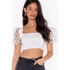 Nasty Gal sheer organza polka dot puff sleeve square neck crop top white Sz 2
